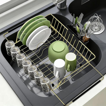 Golden Expandable Dish Drying Rack-Extra Large Stainless Steel Dish Drainer Over The Sink for Kitchen Countertop with Utensil Holder, Applicable for Sink Width 16'-22' (Gold,23.2'*12.2')