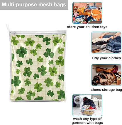 Mesh Laundry Bags Lingerie Bags for Washing Delicates 2 PCS Durable Wash Bag with Zipper Small and Medium Washable Beige Checkered Clovers
