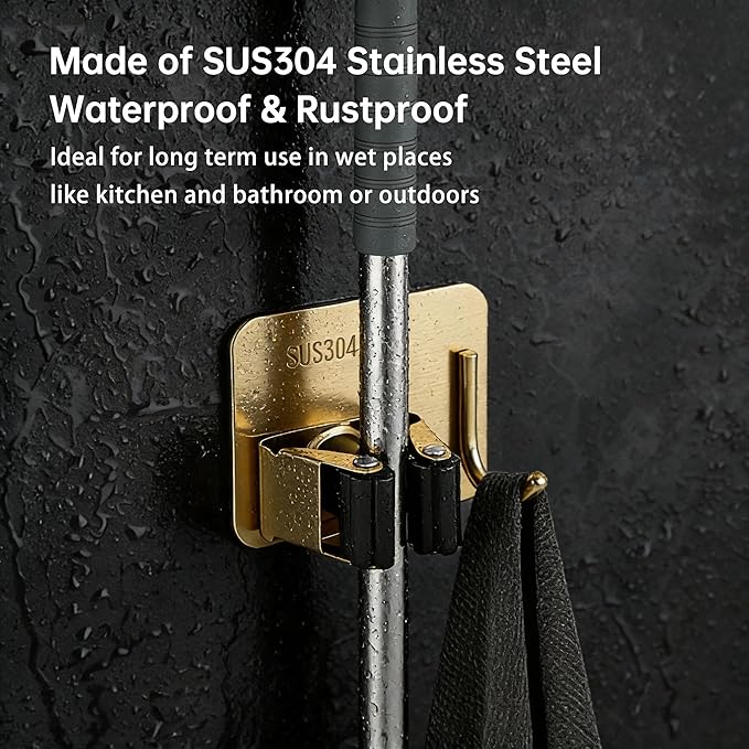 Mop and Broom Organizer Wall Hanging No Drill,Metal Utility Tool Hangers Wall Mountable,Garage Closet Organizer Heavy,Storage Rack Self Adhesive 2Pcs for Bathroom, Kitchen, Office,Laundry.Gold