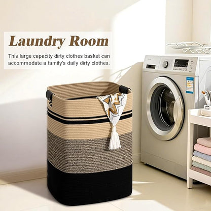 Laundry Hamper, 75L Tall Laundry Basket with Leather Handles, Rectangle Large Clothes Hamper for Organizing, Cotton Woven Laundry Baskets Storage Hampers for Bedroom, Nursery, Living Room