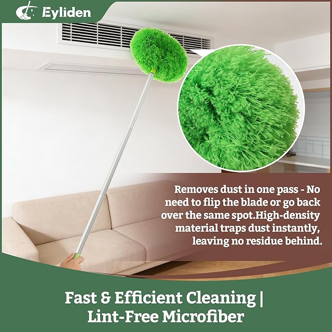 Eyliden 68" Adjustable Ceiling Fan Duster - 360° Dual-Sided Microfiber, 0.75 lbs Ultra-Lightweight, Ladderless High Ceiling Cleaning, Reusable Multi-Surface Dust Tool for Fans Walls Blinds, Green