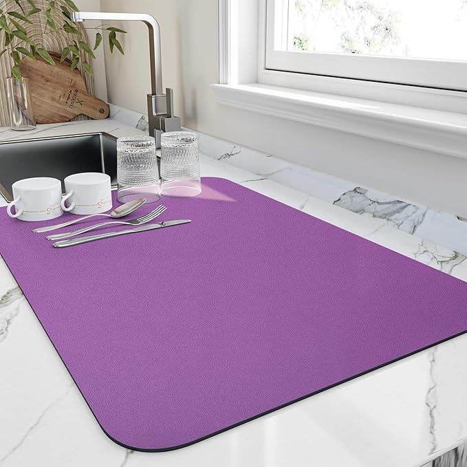 HotLive Dish Drying Mat for Kitchen Counter, Heat Resistant Drainer Mats with Non-slip Rubber Backed, Hide Stain Kitchen Super Absorbent Draining Mat, Easy to Clean Dish Rack Pad, Purple 16"x18"