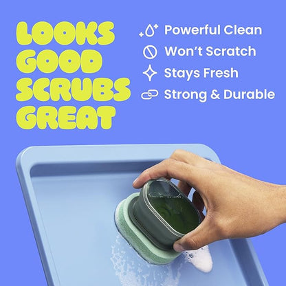 Brite by Scotch-Brite Palm Scrubber with Drain + Dry Stand, Household and Kitchen Sponge for Washing Dishes with Comfy Grip, 1 Scrub Sponge with Soap Dispenser
