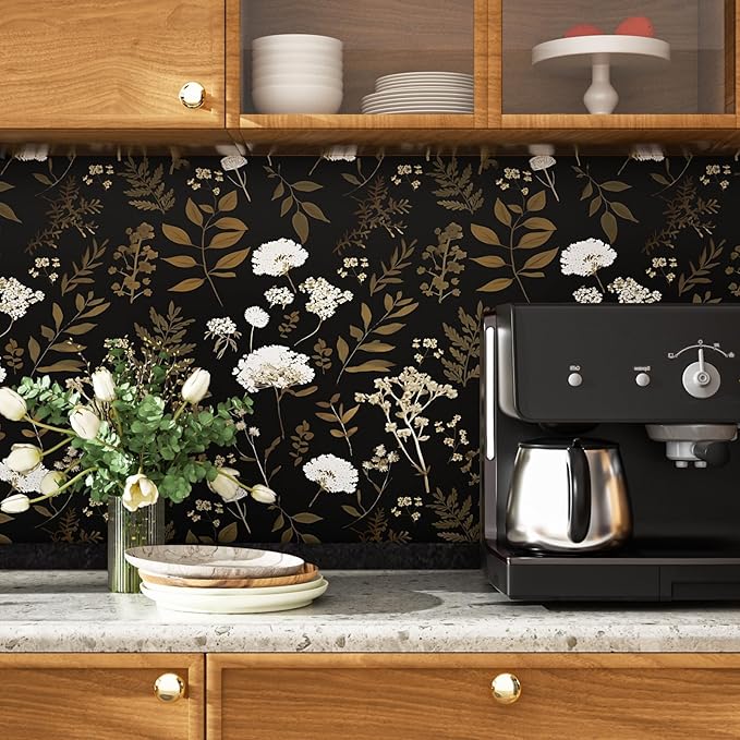 Laatse Dark Floral Wallpaper Peel and Stick Boho Wallpaper 17.5in x 393in Vintage Leaf Contact Paper Vinyl Waterproof Self Adhesive Leaf Botanical Wall Paper for Bedroom Walls Kitchen Cabinet