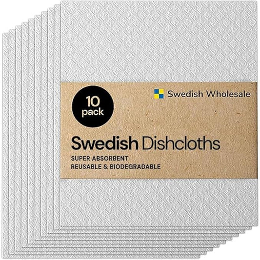 Swedish Wholesale Dishcloths Reusable 8" x 7" Sponge Cloths, Bulk 10 Pack of High Absorbent Cellulose Dish & Kitchen Cleaning Hand Towels, Wring to Dry & Machine Wash, Odor Resistant, White