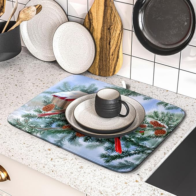 Winter Red Cardinal Bird Dish Drying Mat for Kitchen Counter,Holly Berry Branches Xmas Snowflake Cabin Drying Mat 16 x 18 Inch with High Absorbent Microfiber Drainer Mat for Coffee Bar