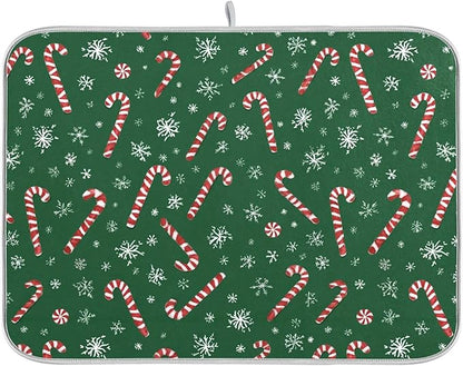 Christmas Candy Cane Dish Drying Mat for Kitchen Countertop 16x18 Winter Snowflake Green Xmas Small Drying Mat Reusable Quick Dry Dish Sink Mats Easy Clean Decorative Essentials