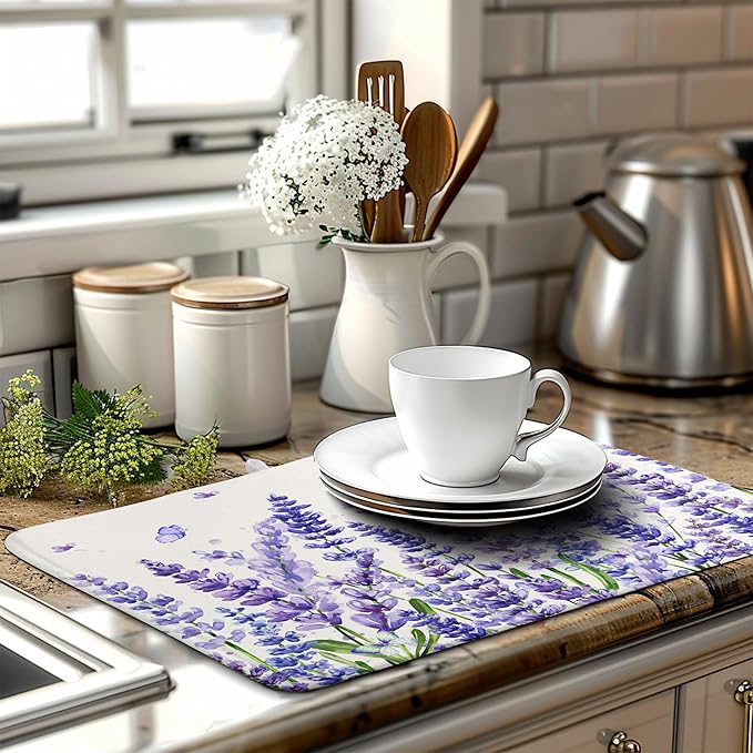 Purple Lavender Dish Drying Mat for Kitchen Counter Spring Summer Flower Floral Dishes Drainer Mats Absorbent Microfiber Dish Drying Pad Washable Dish Draining Mat Extra Large 18x24 Inch
