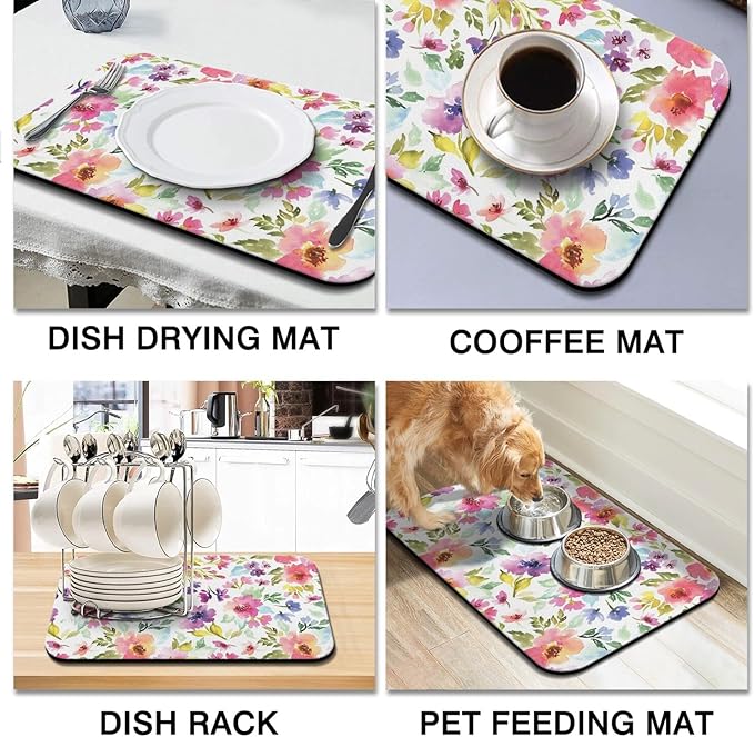 Dish Drying Mat for Kitchen Counter 2 Pack with Non-Slip Rubber Backing - Heat-Resistant Absorbent Coffee Bar Mat, Dish Rack Mat, Watercolor Flower Dish Drying Mats 18x24+19.5x12 inch