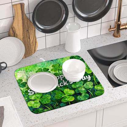 St Patricks Day Lucky Clover Dish Drying Mat for Kitchen Counter 16x18 Green Shamrock Happy Holiday Theme Absorbent Reversible Microfiber Drying Mats Kitchen Countertop Protector Dishes Drainer Pad