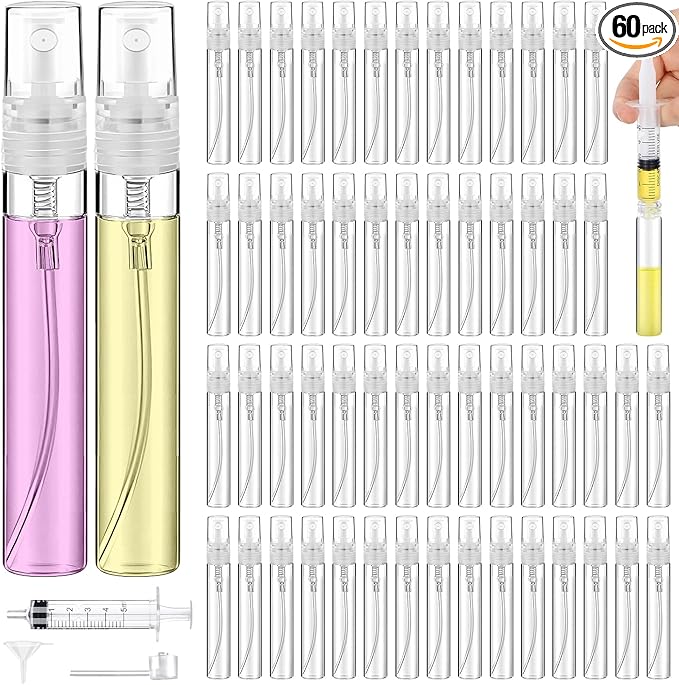 60PCS 10ml Mini Spray Bottle, Portable Clear Plastic Spray Bottle, Empty Fine Mist Refillable Perfume Atomizer, Small Sample Containers for Cleaning, Travel, Essential Oils