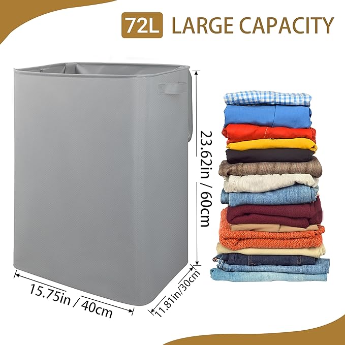 Foldable Laundry Hamper with Lid & Laundry Bag with Drawstring,Portable Laundry Basket with Easy Carry Handles,Clothes Hamper Space Saving Organizer for Bathroom,Bedroom,College Dorm,RV,Grey