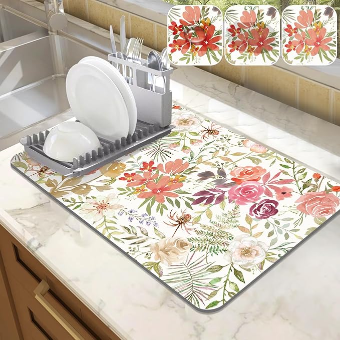 LOKHOM Dish Drying Mat for Kitchen Counter, 12"x20" Absorbent Coffee Bar Mat with Pink Roses Petals , Dish Drainer Rack Mats for Kitchen Counter Coffee Maker Coffee Pot Dining Room Decoration
