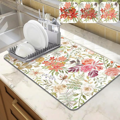 LOKHOM Dish Drying Mat for Kitchen Counter, 12"x20" Absorbent Coffee Bar Mat with Pink Roses Petals , Dish Drainer Rack Mats for Kitchen Counter Coffee Maker Coffee Pot Dining Room Decoration
