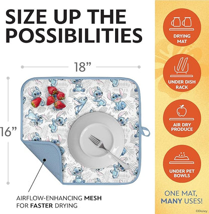 Disney Dish Drying Mats for Kitchen Counter (2 Pack) – 16" x 18" Absorbent Kitchen Drying Mats for Dishes – Fast-Drying, Machine Washable Dish Mats – Mickey & Minnie, Winnie the Pooh, & Stitch