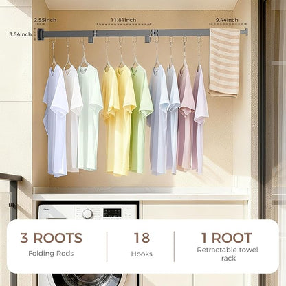 Wall Mounted Clothes Drying Rack, Space-Saving Foldable Clothes Drying Rack, Wall Clothes Hanger with 18 Hooks for Indoor & Outdoor Use in Laundry Room, Bathroom & Balcony