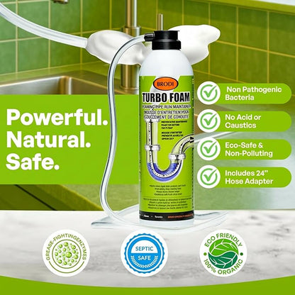 TurboFoam Drain Foam Cleaner, Expanding Enzyme Formula, Deep-Cleans Pipes, Dissolves Fat, Oil & Grease, Stops Odors at the Source – Safe for All Plumbing & Septic Systems (Pack of 1)