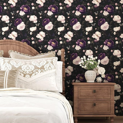 Dark Purple Floral Peelable Wallpaper, Vintage Black Botanical Flower Self Adhesive Removable Wall Paper for Bedroom Cabinet Drawer, Vinyl Retro Contact Paper Black Dark Purple 17.5In x 118In