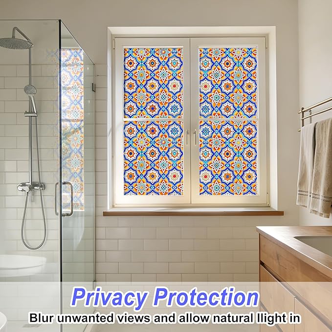 Frosted Glass Window Film, Heat Insulation, UV Block, Anti-Glare, One Way Privacy Tint, Static Cling for Home Bathroom Door, Renter Friendly, Day & Night Privacy
