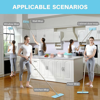 JOYMOOP Flat Mop, Microfiber Mops for Floor Cleaning and Wall Cleaner, 50" Mops with 13" Flat Head with a Microfiber Mop Pad - Pale Aqua