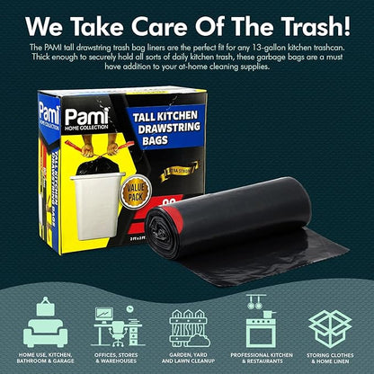 PAMI Tall 13-Gallon Kitchen Drawstring Trash Bags [80-Pack, Black] - Extra-Strong Plastic Garbage Bags- Thick Trash Can Liners For Kitchen, Bathroom & Outdoor Bins- 2ft x2ft Unscented Trash Bags