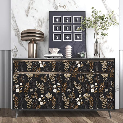 Fvlow Black Floral Wallpaper Peel and Stick Gold Leaf Contact Paper 17.4" x 118" Leaf Wallpaper Waterproof Self-Adhesive Wall Covering for Bedroom Countertop Desk Cabinets Decor