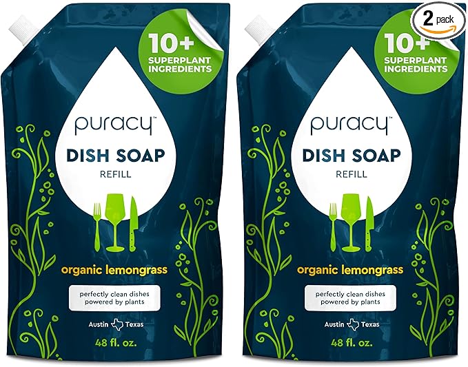 Puracy Natural Dish Soap Refill - Skin-Softening Plant-Based Liquid Dishwashing Detergent Soap, Clean-Rinsing Water-Sheeting Formula (Organic Lemongrass, 48 fl oz) (Pack of 2)