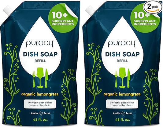 Puracy Natural Dish Soap Refill - Skin-Softening Plant-Based Liquid Dishwashing Detergent Soap, Clean-Rinsing Water-Sheeting Formula (Organic Lemongrass, 48 fl oz) (Pack of 2)