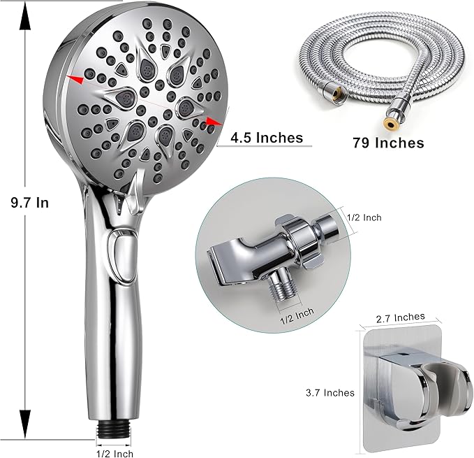 Handheld Shower Head with on off Switch&Built-in Power Spray,7-Setting High Pressure Spray Shower Wand with 79in Long Hose&Bracket and Extra Adhesive Shower Holder for Lower Mount,Chrome