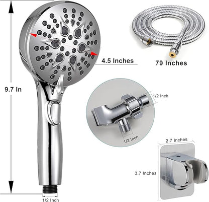 Handheld Shower Head with on off Switch&Built-in Power Spray,7-Setting High Pressure Spray Shower Wand with 79in Long Hose&Bracket and Extra Adhesive Shower Holder for Lower Mount,Chrome