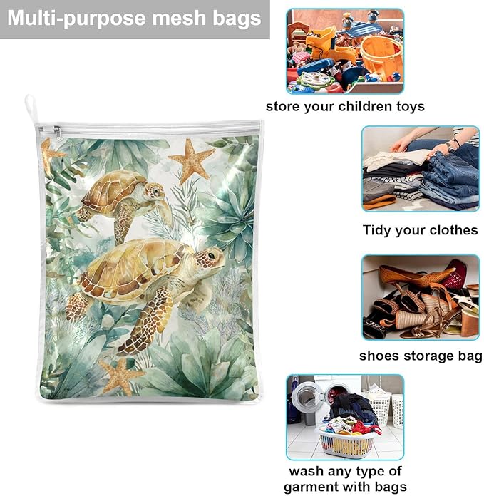 Mesh Laundry Bags Lingerie Bags for Washing Delicates 2 PCS Durable Wash Bag with Zipper Small and Medium Washable Sea Turtle Starfish Plants