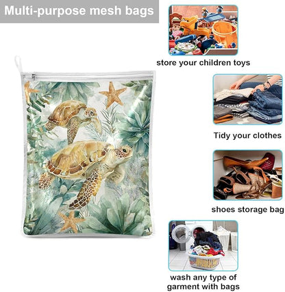 Mesh Laundry Bags Lingerie Bags for Washing Delicates 2 PCS Durable Wash Bag with Zipper Small and Medium Washable Sea Turtle Starfish Plants