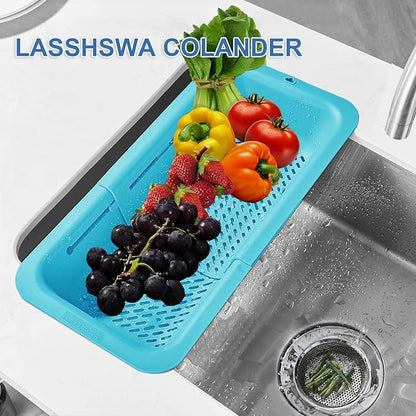 LASSHSWA Collapsible Colander for Kitchen, Over the Sink Strainer Basket for Kitchen, Fruit Pasta Food Strainer Expandable Plastic Colander BPA Free (Blue)