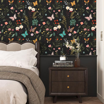 Black Butterfly Wallpaper Peelable, Vintage Dark Wallpaper with Colorful Butterfly Pattern, Boho Floral Contact Paper Stick on Bedroom Cabinet Drawer Shelf Liner Backsplash 17.5In x 9.8Ft