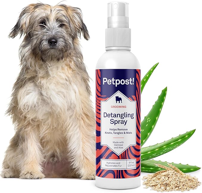 Petpost | Detangling Spray for Dogs with Knots, Mats & Tangles - Naturally Rejuvenating Dog Hair Detangler for Healthier, Shinier, Stronger Fur - Oatmeal, Aloe, and Vitamin E Formula 8 oz.