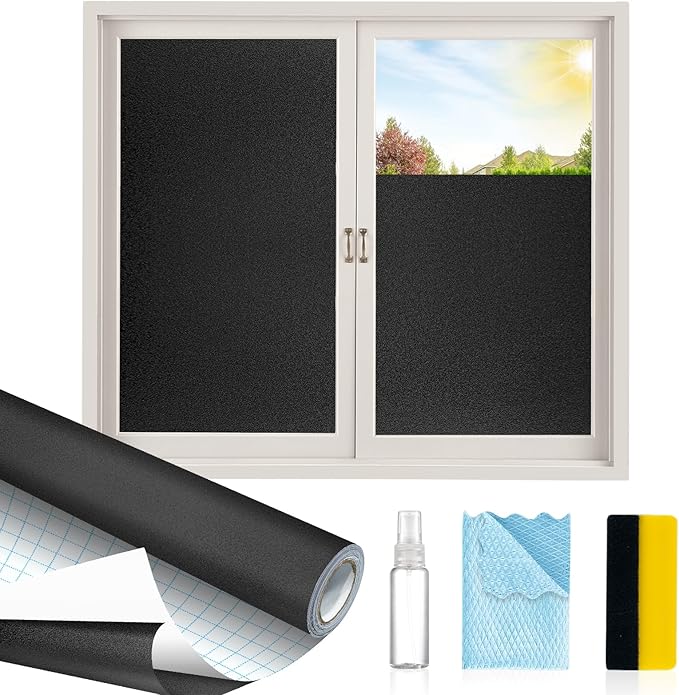 Total Blackout Window Privacy Film with Installation Tools, 100% Light Blocking Heat Control Static Cling, Room Darkening Opaque - 17.5 Inch X 6.5 Feet