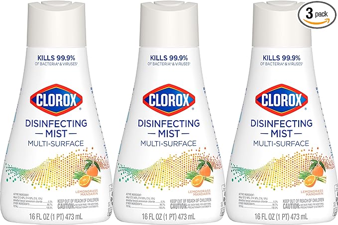 Clorox Disinfecting Mist, Lemongrass Mandarin, Household Essentials, 3 Refills, 16 Fl Oz Each