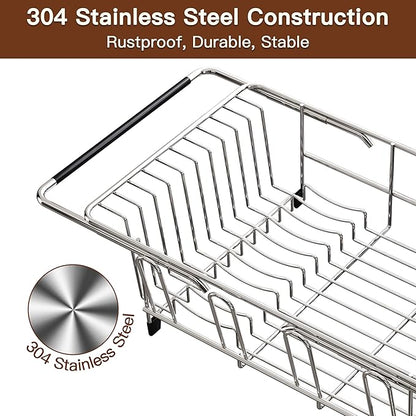 Over the Sink Expandable Dish Drainer Drying Rack In Stainless Steel for Small Kitchen, Counter Space Saving Modern Compact Metal Above Plate Dryer Strainer, Adjustable Hanging Inside Drain Holder