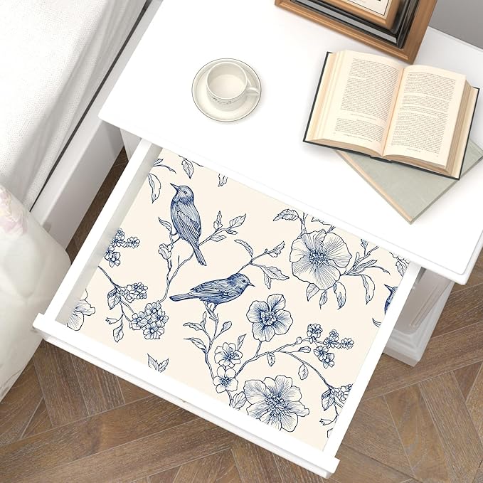 Beige Wallpaper Peel and Stick Blue Floral Bird Vintage Contact Paper 17.5" x 118" Boho Animal Self Adhesive Waterproof Removable for Bathroom Shelves Cabinet Drawer Table Decor Renter Friendly