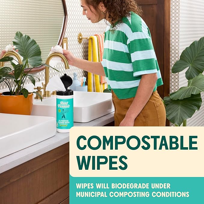 Aunt Fannie's Natural Cleaning Vinegar Wipes, Multipurpose Surface Cleaner, Bright Lemon Scent, 35 Count (Pack of 6)