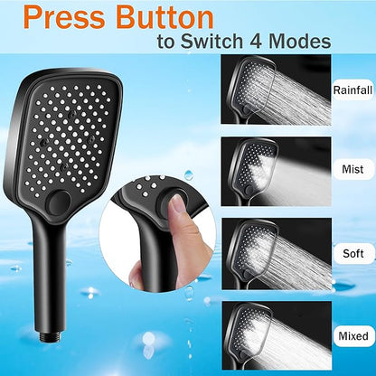 High Pressure 4-Mode Shower Head with Handheld, Detachable Showerhead Combo with 59" Hose & No-drill Holder, Anti-clog Nozzles for Hard Water, Powerful Spray for Pets & Daily Use, Matte Black