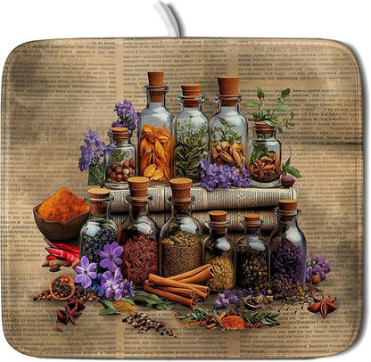 Vintage Kitchen Dish Drying Mat - Spice Bottle Decorative Dish Sink Rack Pad 16 X 18 Inch