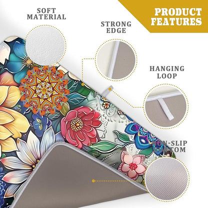 Boho Floral Dish Drying Mat for Kitchen Counter 18x24 Inch Super Absorbent Microfiber Kitchen Drying Mat Bohemian Flower Dish Drainer Rack Mat Reusable Washable Dish Drying Pad for Kitchen Coffee Bar