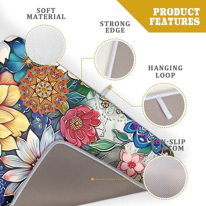 Boho Floral Dish Drying Mat for Kitchen Counter 16x18 Inch Boho Blooming Flower Dishes Pad Super Absorbent Drying Mat Heat Resistant Dish Drying Pad Anti-Slip Dish Mat Fast Dry Kitchen Bar Accessories