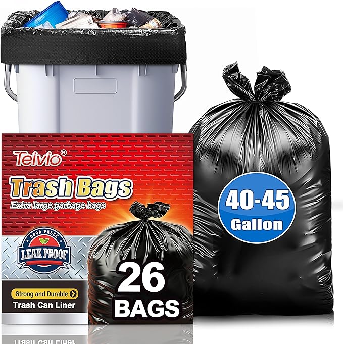Teivio Trash Bags, 40-45 Gallon, 26 Count, Black, for Bathroom, Office, Industrial, Commercial, Janitorial, Municipal, Recycling
