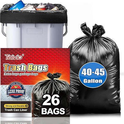 Teivio Trash Bags, 40-45 Gallon, 26 Count, Black, for Bathroom, Office, Industrial, Commercial, Janitorial, Municipal, Recycling