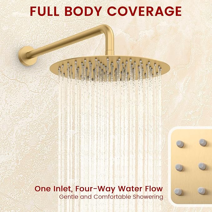 Round Shower Faucet Set with Hydro Power Temperature Display, Shower System Bathroom 10 Inch Shower Head with Handheld Spray, Wall Mounted Shower Fixtures with Shower Valve and Trim Kit, Brushed Gold