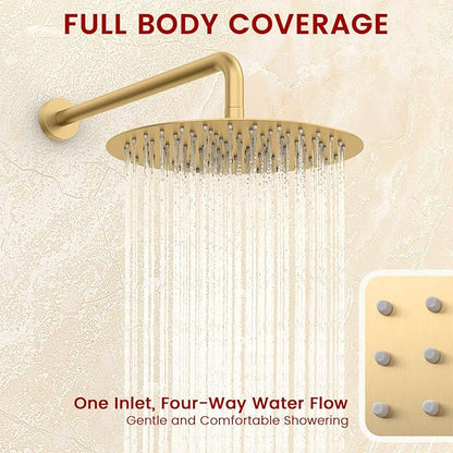 Round Shower Faucet Set with Hydro Power Temperature Display, Shower System Bathroom 10 Inch Shower Head with Handheld Spray, Wall Mounted Shower Fixtures with Shower Valve and Trim Kit, Brushed Gold
