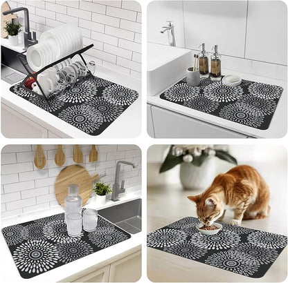 LuxStep Dish Drying Mat Super Absorbent Kitchen Counter Mat Rubber Backing Draining Mat Easy to Clean Kitchen Accessories Dish Rack Pad for Dishes, Utensils, Countertops, Sinks 16" x 24" Black