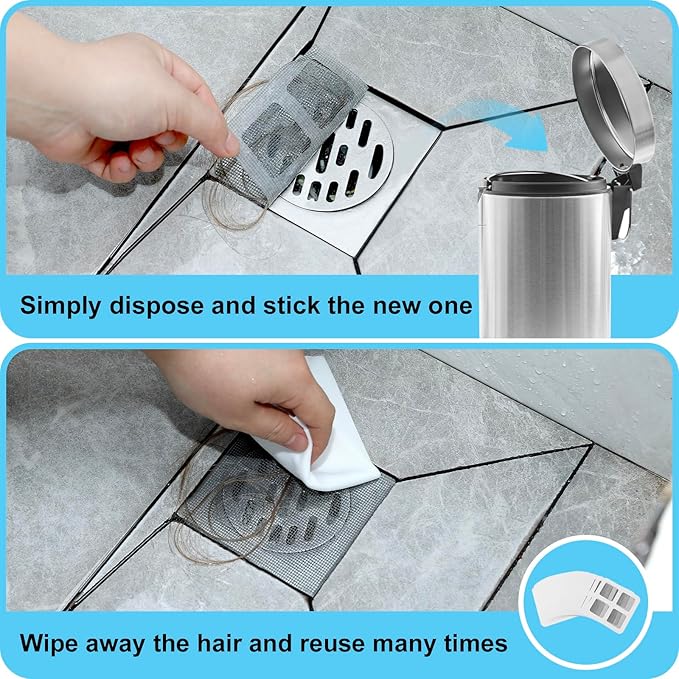 30 PC Disposable Shower Drain Hair Catcher Stickers 4"x4" Strong Adhesive Mesh Covers for Bathroom, Kitchen & Laundry Easy Apply & Remove